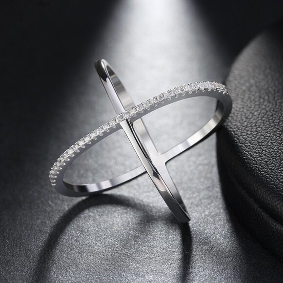 Two Lines Cross X Shape 925 Silver Ring for Women, VIP144 - Picture 1 of 6